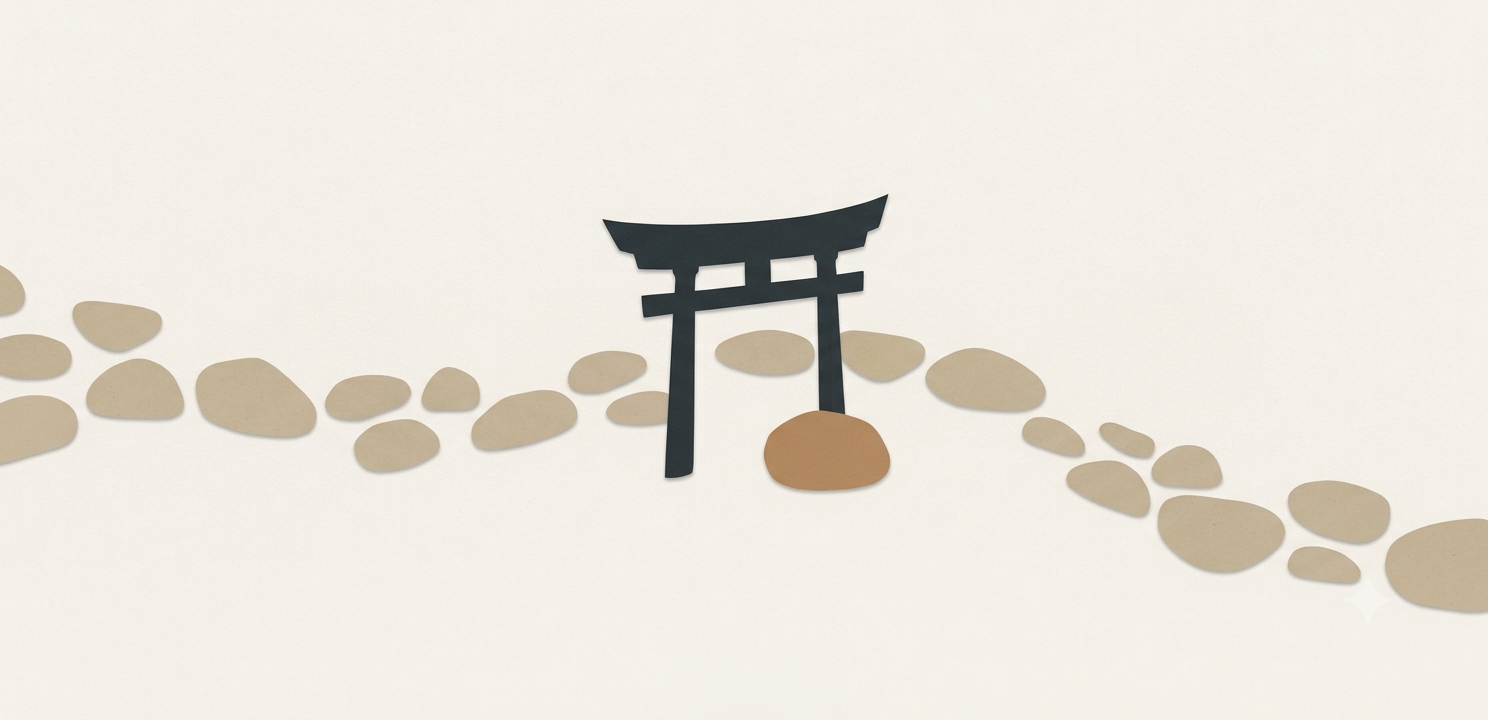 A stream of sandstone stepping stones passing through a charcoal torii gate; one clay stone pauses at the gate for inspection.
